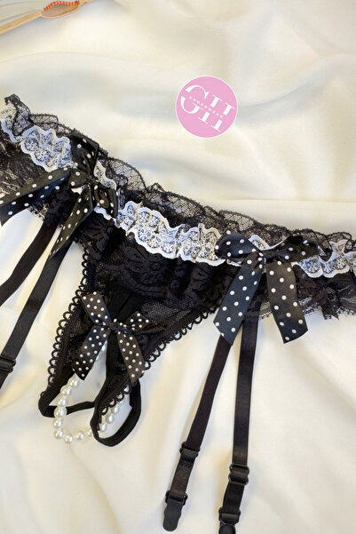 G&H UNDERWEAR Black Garter Belt with Pearls String