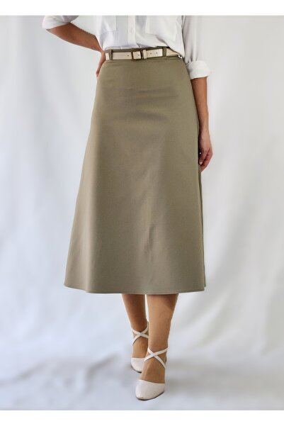 YAXİ Belt-Detail Midi-Length Loose Khaki Woven Skirt