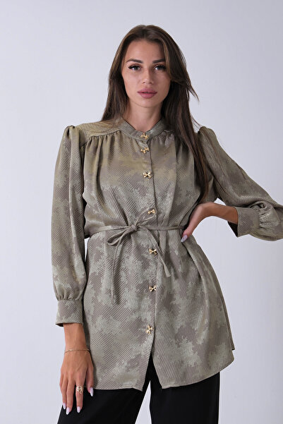 Feminist Hakim Yaka Bel Bağlamalı Desenli Tunik Haki 4595333
