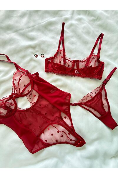 İNKO İÇ GİYİM Underwire Cupless Tulle Detailed Heart Patterned Bra Set & Bodysuit (Bra Thong)