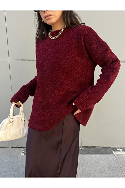 minaaise Women's Burgundy Oversize Boucle Knitwear Long Sweater 6222