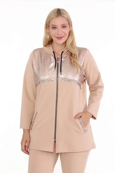 Mia Butik Kadın Büyük Beden Krem Deri Görünümlü İki İplik Ceket