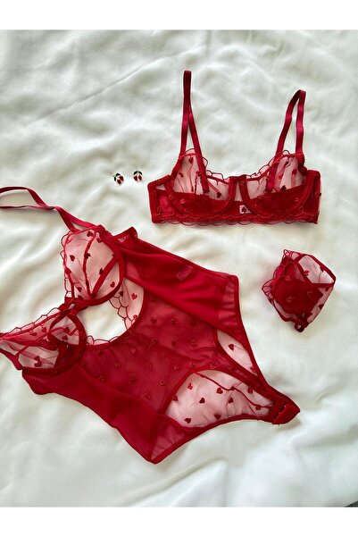 İNKO İÇ GİYİM Underwire Cupless Tulle Detailed Heart Patterned Bra Set & Bodysuit (Bra Thong)