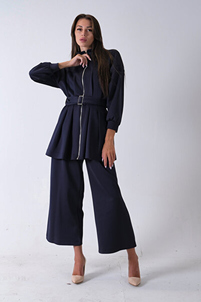 Feminist Fermuar Kapamalı Beli Kemerli Pantolonlu Scuba Takım Lacivert 4592264