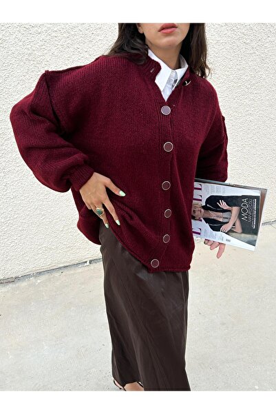 minaaise Cardigan tricotat oversize pentru femei, burgundy, cusut în mod brut...
