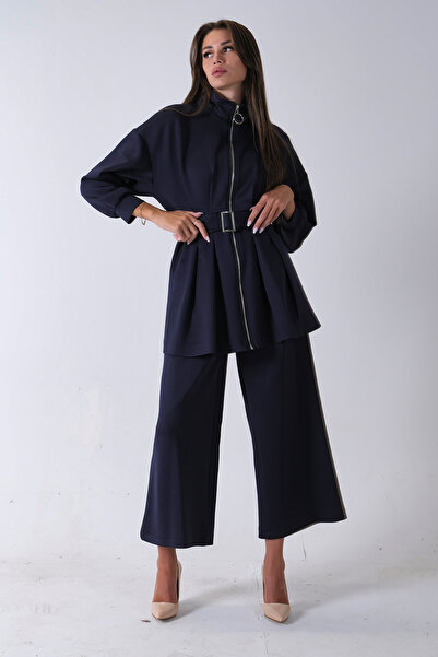 Feminist Fermuar Kapamalı Beli Kemerli Pantolonlu Scuba Takım Lacivert 4592264