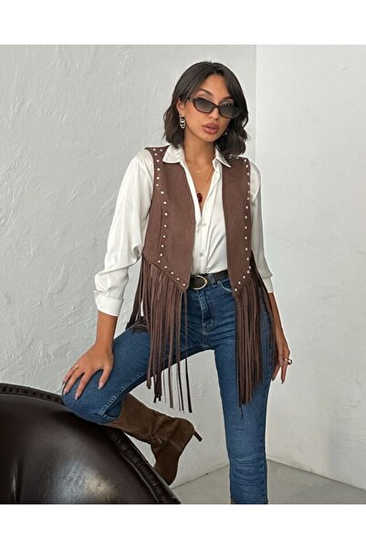 TOPSHOW Stone Detailed Tasseled Suede Vest