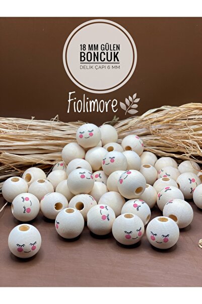 Fiolimore 18 mm Ahşap Boncuk Gülen Yüz (5 Adet) Delik Çapı 6 mm Ham Tahta Anahtarlık Aksesuar