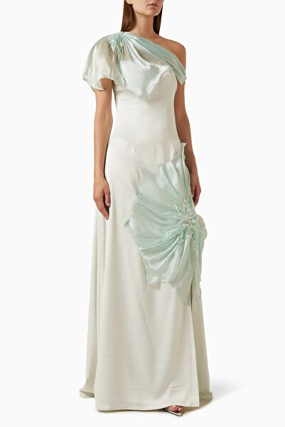 Alize Satin Crystal Embroidered One Shoulder Dress with Organza Flower Detail