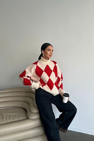 Noi Belis Oversize Baklava Desenli Balıkçı Yaka Triko Kazak AW25KZ0051