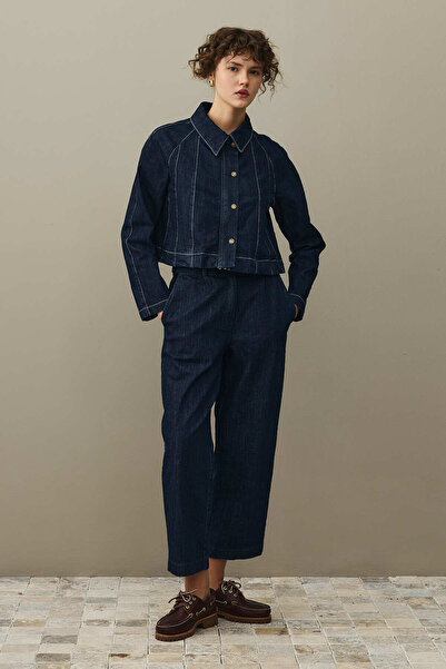 Fahhar Godeli Crop Denim Jacket Dark Blue