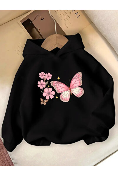 MORNİNG KİDS Черно момичешко суитчърче с качулка и розов принт с пеперуди и ц...