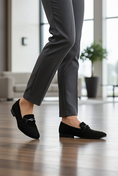 AYAKMOD حذاء كاجوال نسائي مرن وخفيف الوزن من جلد الغزال الأسود 572433 Z