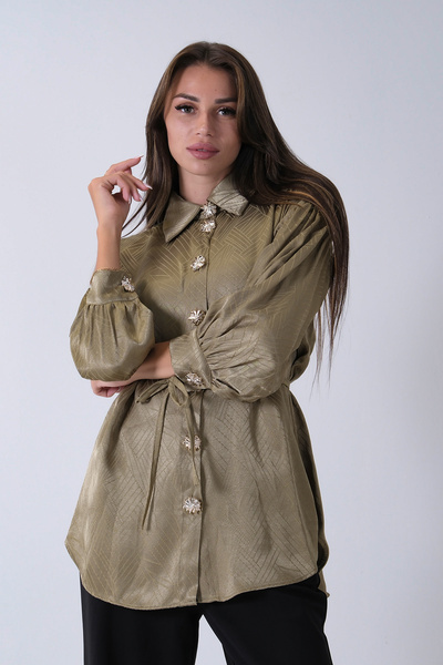 Feminist Gömlek Yaka Düğme Kapamalı Bel Bağlamalı Tunik Haki 4595331