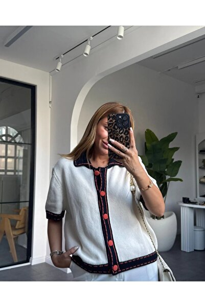 TB Butik Cream Orange Button Detail Short Sleeve Cardigan