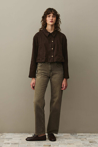 Fahhar Godeli Crop Denim Jacket Brown