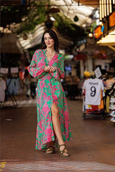 Miss Boheme Green Color Floral Patterned Bohemian Dress with Button and Belt ...