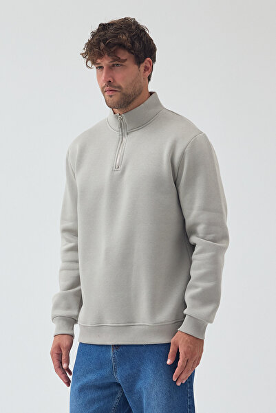 VEK Half Zipper Stand Collar Regular Comfortable Fit Sweatshirt 3 Thread Raised