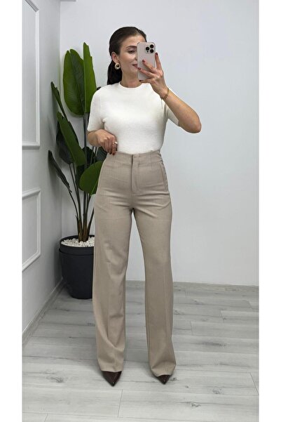 TUNAM BUTİK 7018 Pens Detailed Palazzo Fabric Trousers Stone