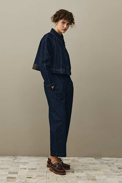 Fahhar Godeli Crop Denim Jacket Dark Blue