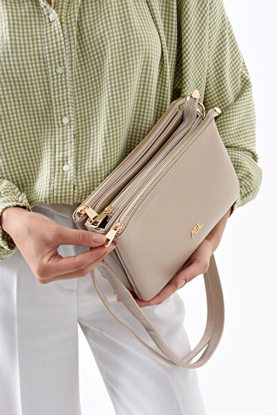 Les Crioch حقيبة كتف وحقيبة كروس نسائية أنيقة ذات 4 أقسام باللون البيج مناسبة للاستخدام اليومي