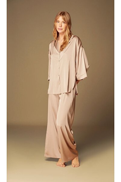 ANEF NORA 2’li İpek Saten Pijama Takımı,Saten Gecelik Takımı,Ev Giyim Seti