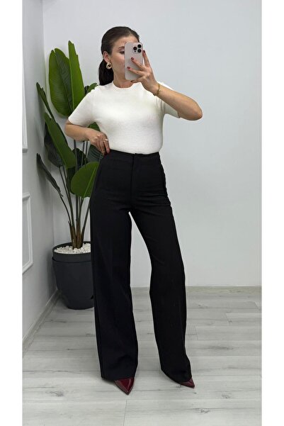 TUNAM BUTİK 7018 Pens Detailed Palazzo Fabric Trousers Black