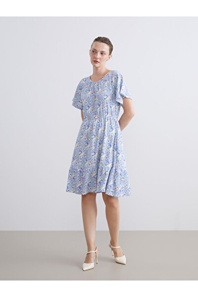 LC Waikiki Rochie plisată cu guler rotund flori albastre