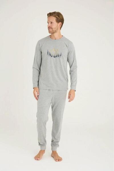 KLY PİJAMA Kly 6032 Men's 100% Cotton Pajama Set with Cuffed Sleeves and Pockets