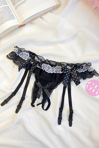 G&H UNDERWEAR Black Garter Belt with Pearls String