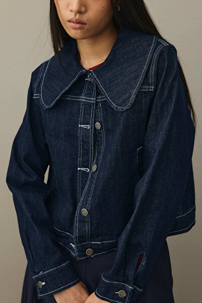 Fahhar Round Neck Denim Jacket Dark Blue