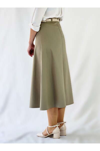 YAXİ Belt-Detail Midi-Length Loose Khaki Woven Skirt
