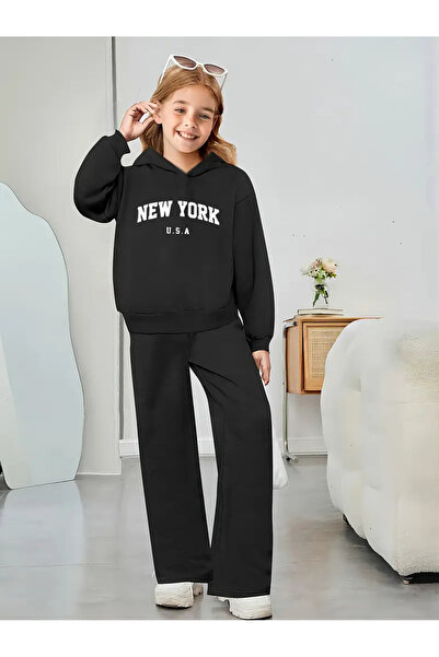 MORNİNG KİDS Dívčí černá mikina s kapucí a potiskem New York – volný střih, č...