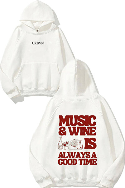 Generic Brand Hanorac alb supradimensionat cu glugă și imprimeu Wine Design
