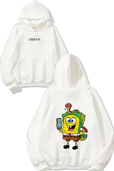 urbvn سويت شيرت أبيض كبير الحجم مطبوع عليه تصميم إسفنجة سنيك