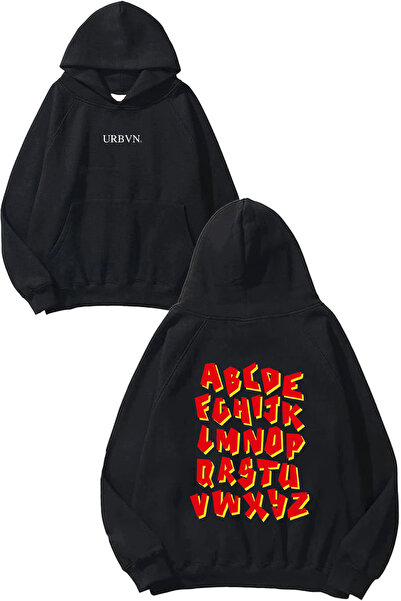 urbvn Abc Design Printed Oversize Black Hooded Sweatshirt