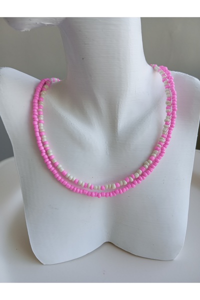 Duayen Design قلادة نسائية مكونة من قطعتين مطرزة باللونين الوردي والأبيض