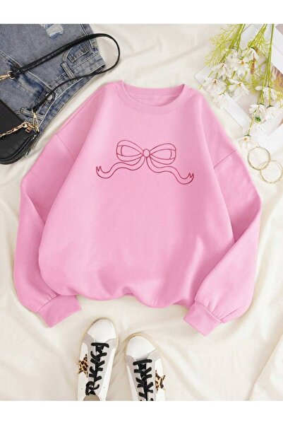 PALPİTO Γυναικείο φούτερ με ροζ φιόγκο με στάμπα με λαιμόκοψη oversize