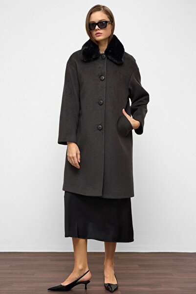 Olcay Detachable Fur Low Sleeve Plus Size Coat Anthracite 3089
