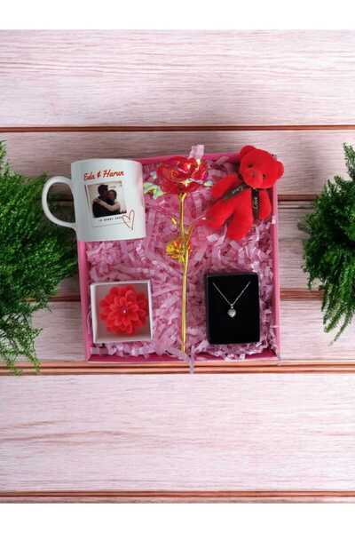 MARMORİ Kişiye özel fotograf retro baskı kupa sonsuzluk gülü kalp kolye mum peluş ayıcık sevgiliye hediye