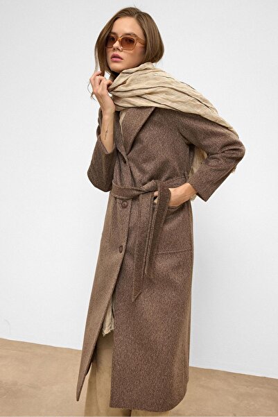 Olcay Reglan Sleeve Waist-Tied Moher Coat Latte 3156