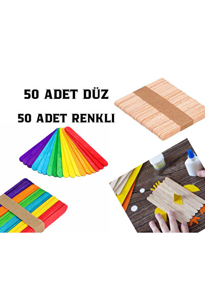 Nuasya 50 Adet Renkli ve 50 Adet Renksiz Geniş Dil Çubuğu - Okul Projeleri ve...