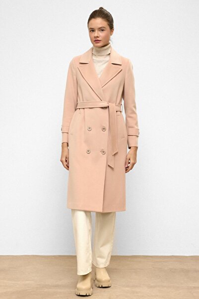 Olcay Waist-Tied Double-Breasted Medium-Length Coat Pudra 3987-Y