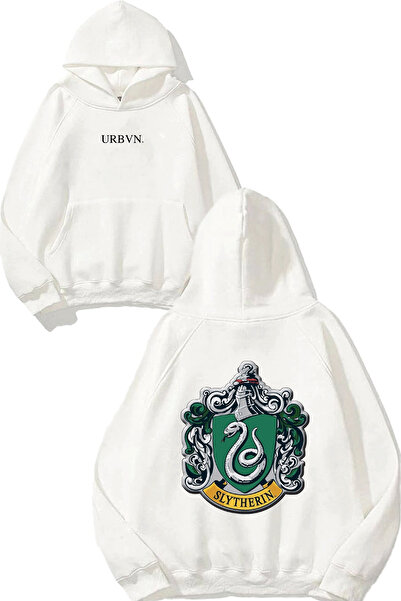 urbvn Slytherin Tasarım Baskılı Oversize Beyaz Kapüşonlu Sweatshirt