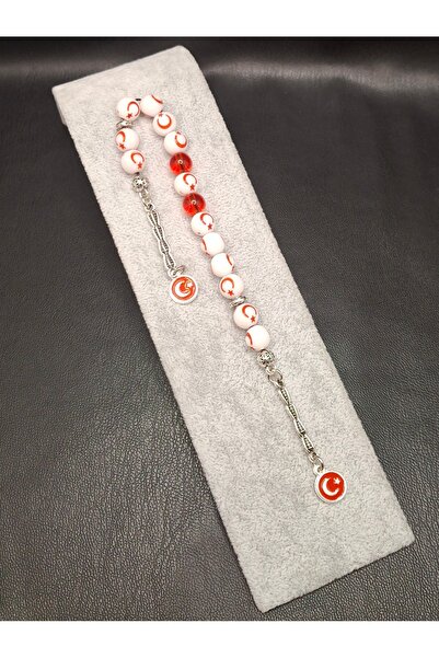 Han Ticarethane سبحة زازا مكونة من 15 حبة بتصميم خاص باللون الأبيض مع نجمة وهلال