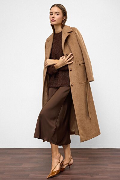 Olcay Reglan Sleeve Waist-Tied Moher Coat Kamel 3156