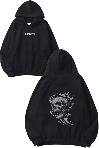 urbvn Hanorac negru supradimensionat cu glugă, cu imprimeu Fire Skull Design