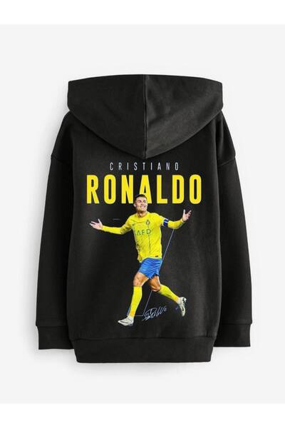 Owersize Ronaldoo geniş rahat kalıp siyah fermuarlı kapşonlu şardonlu sweatshirt