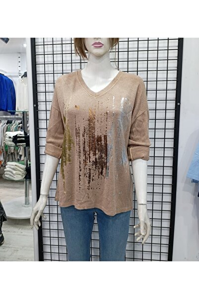 Butik Şans Printed V-Neck Soft Textured Italian Knitwear Blouse