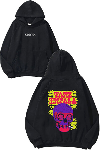 urbvn Tame Impala Design Printed Oversize Black Hooded Sweatshirt